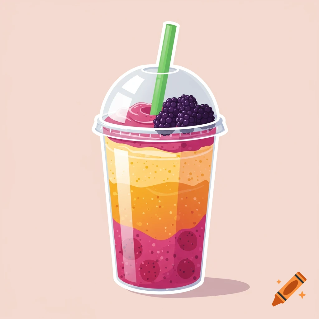 A 2D vector illustration of a multi-layered fruit smoothie in a plastic takeout cup with a green straw and blackberries on top, on a pink background.