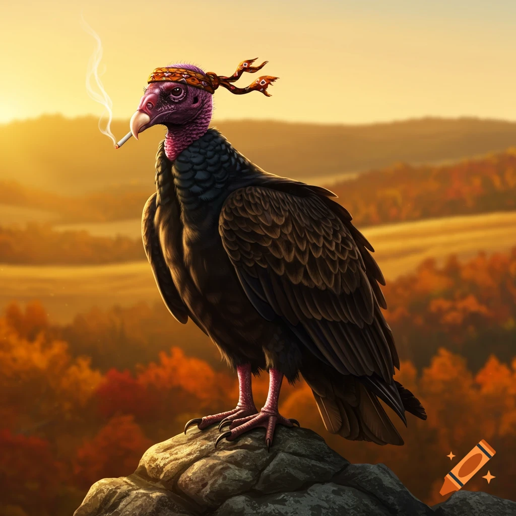 A photorealistic illustration of a turkey vulture wearing a patterned headband and smoking a cigarette, standing on a rock against a sunset landscape.