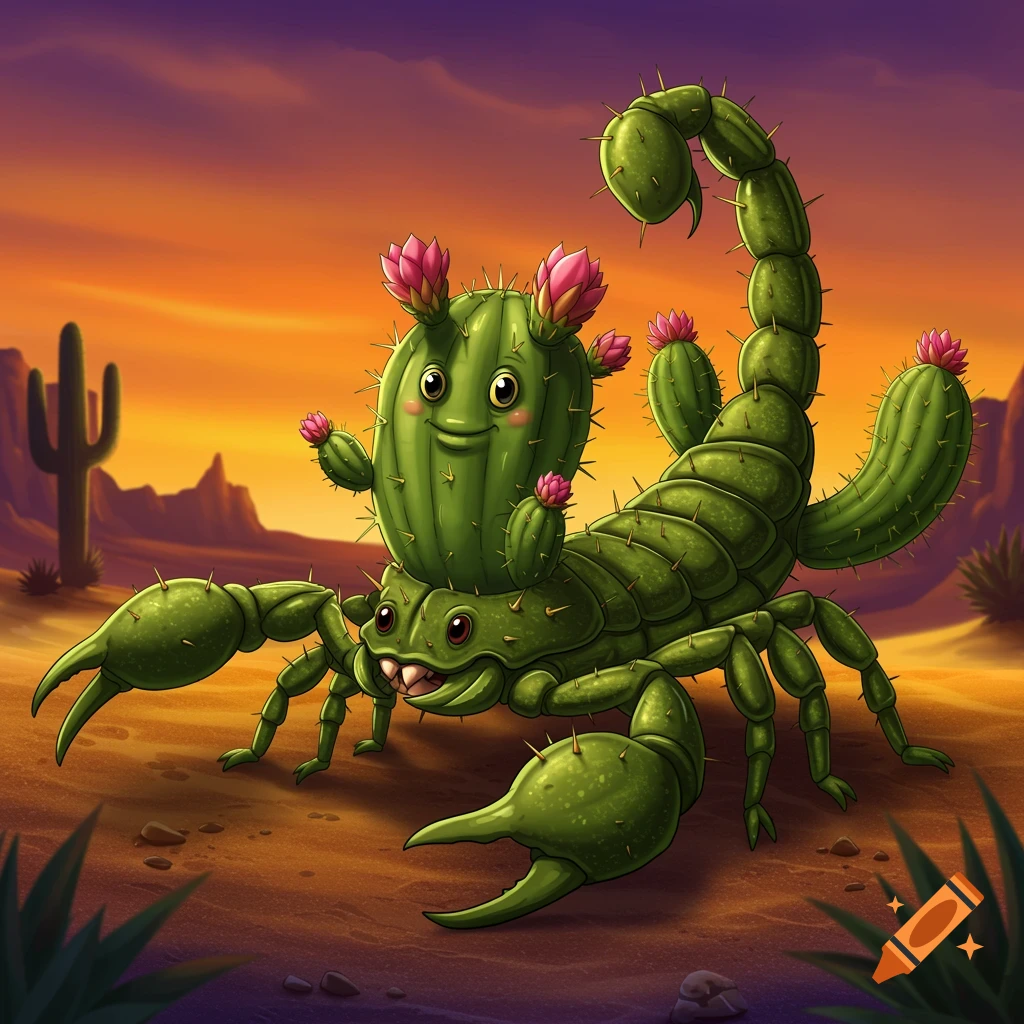 Cartoon illustration of a green scorpion with a cactus head and body segments, standing in a desert at sunset.