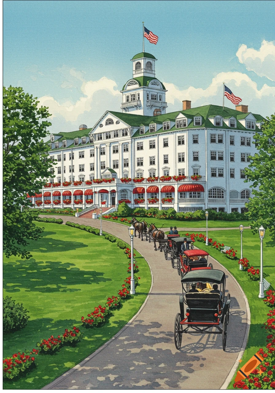Illustrated grand hotel with green roofs, red awnings, and American flags, approached by horse-drawn carriages on a winding driveway with red flowers.