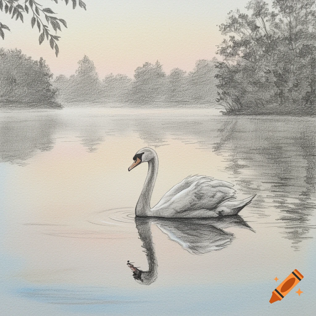 A detailed pencil sketch of a swan gliding on a still lake at dawn, with trees and a pastel sky in the background.