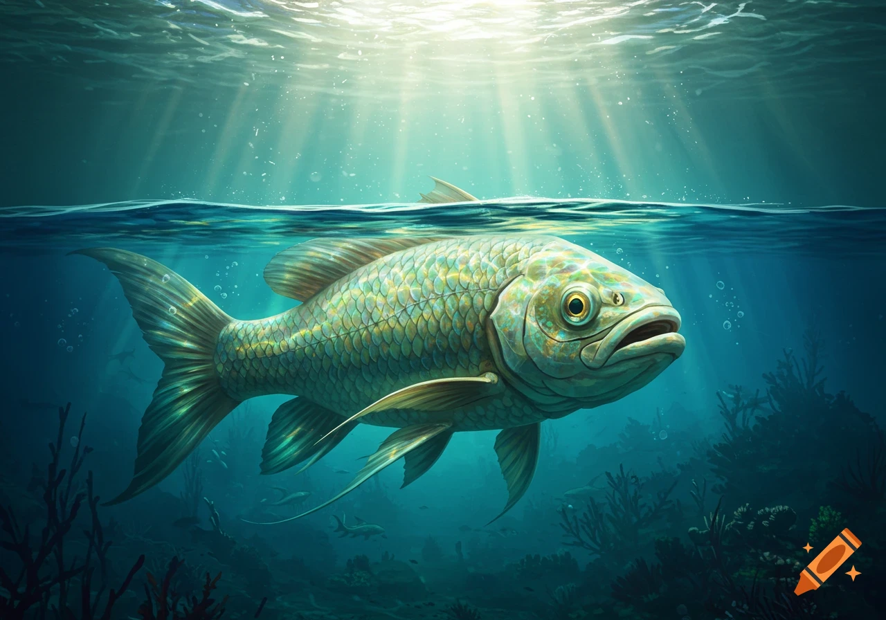 A large, colorful fish swims underwater with sunlight filtering down.