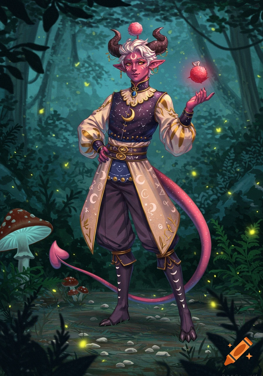 Androgynous pink-skinned Tiefling with horns, white hair, and a celestial outfit, standing in a magical forest and holding a glowing pink orb.