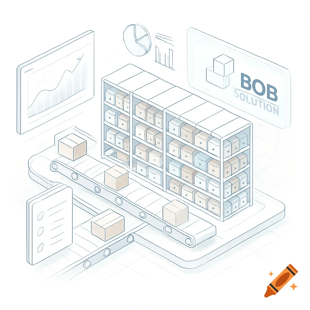 Isometric line art illustration of a warehouse with conveyor belts, boxes, shelves, and screens displaying data and 'BOB SOLUTION'.