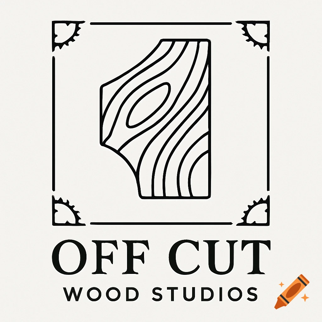 A black and white line drawing logo for Off Cut Wood Studios, featuring a stylized number 1 with wood grain texture inside a square frame with saw blade details in the corners. Below the frame, it reads 'OFF CUT' in large letters and 'WOOD STUDIOS' in smaller letters.
