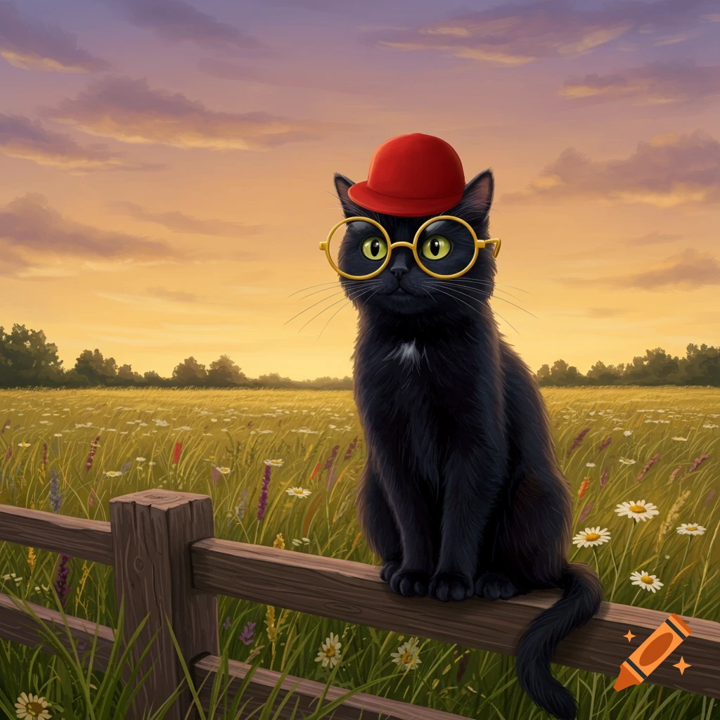 A black cat wearing a red hat and yellow-framed glasses sits on a wooden fence in a field of wildflowers at sunset.