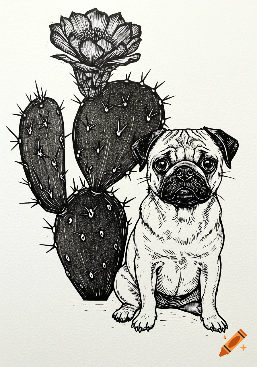 Linocut illustration of a pug sitting next to a flowering prickly pear cactus.