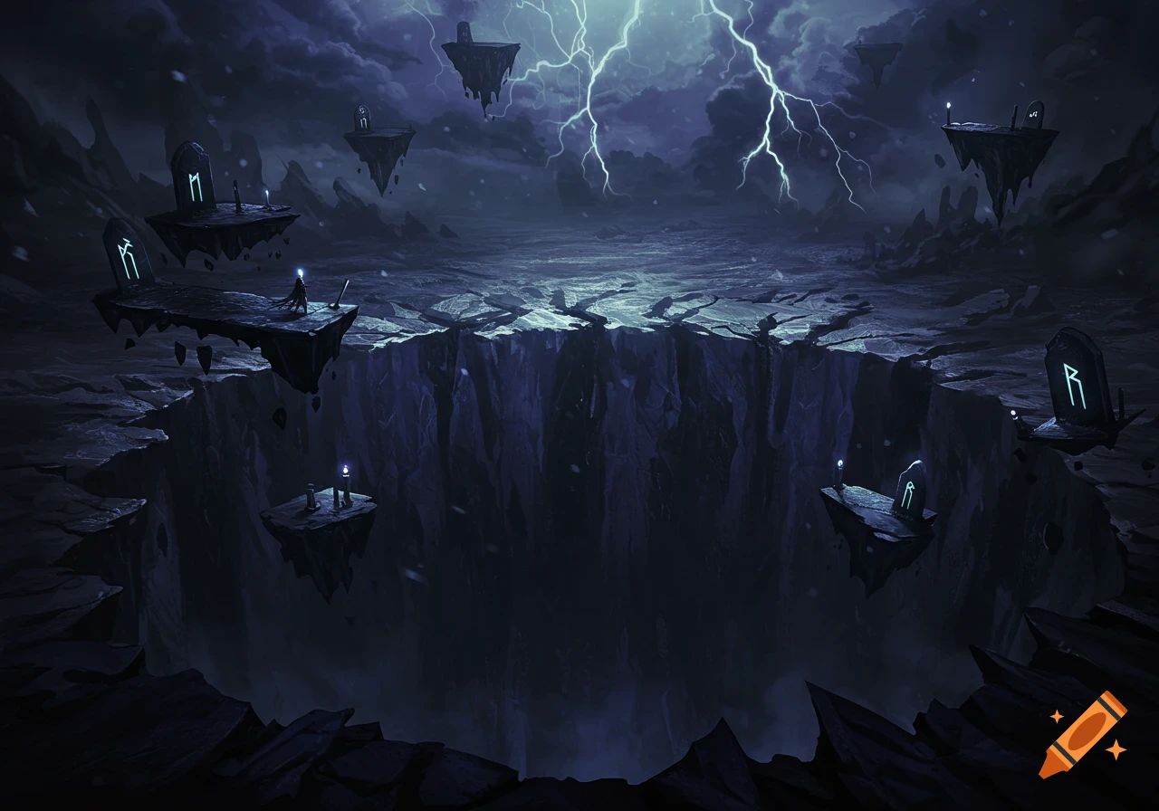 A vast, dark chasm with floating rock islands and rune-marked monoliths under a stormy, lightning-filled sky. A cloaked figure stands on an island.