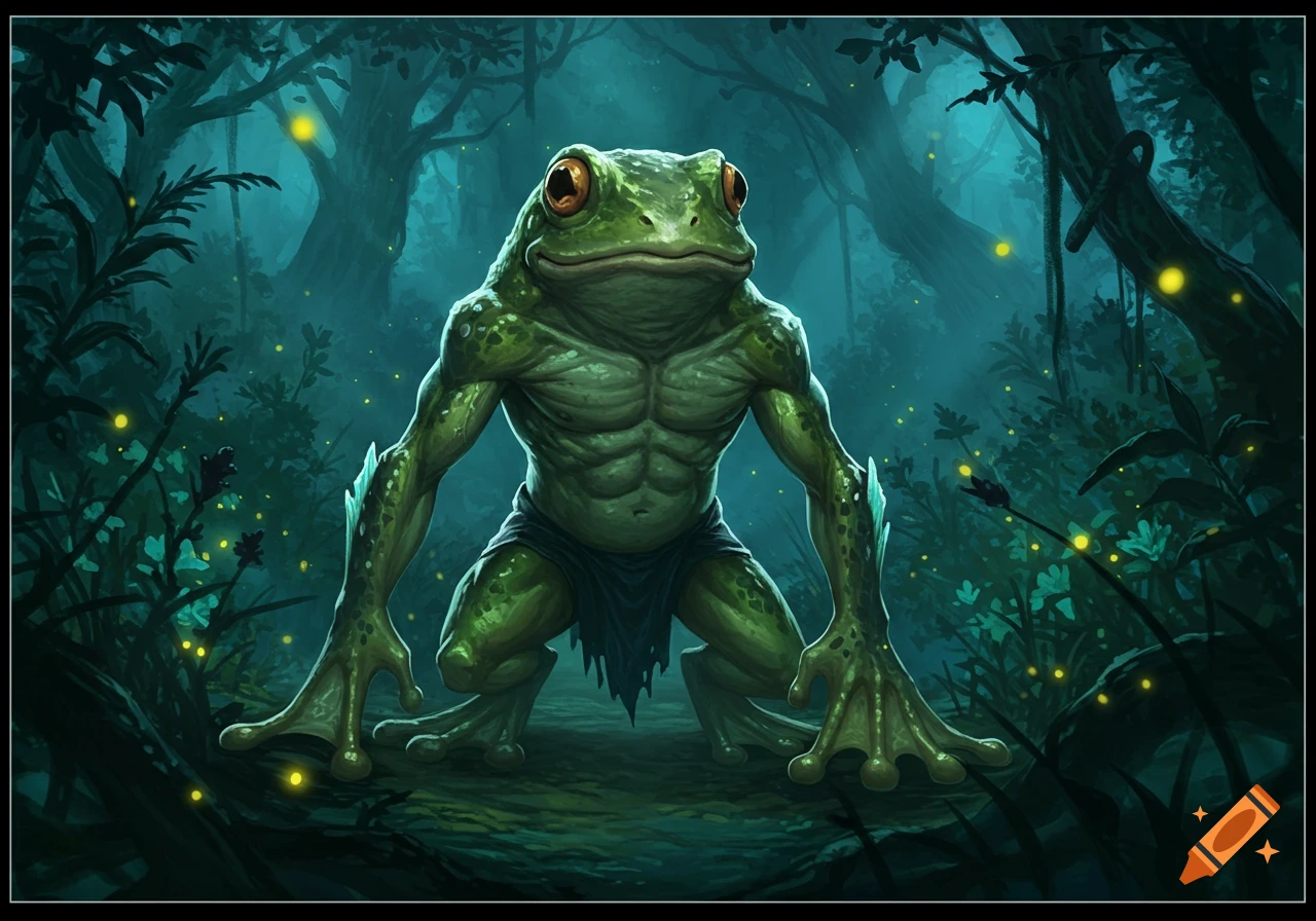 A muscular, humanoid frog creature with large webbed hands stands in a dark, misty forest illuminated by glowing fireflies. Digital fantasy art.