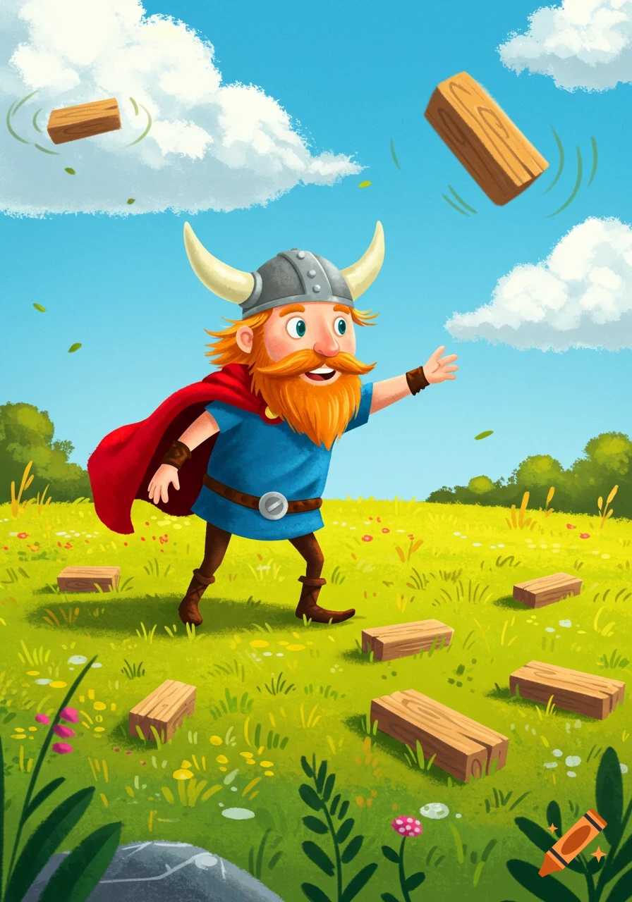 A cartoon Viking with a red beard and horned helmet throws a wooden block in a grassy field during a game of Kubb.