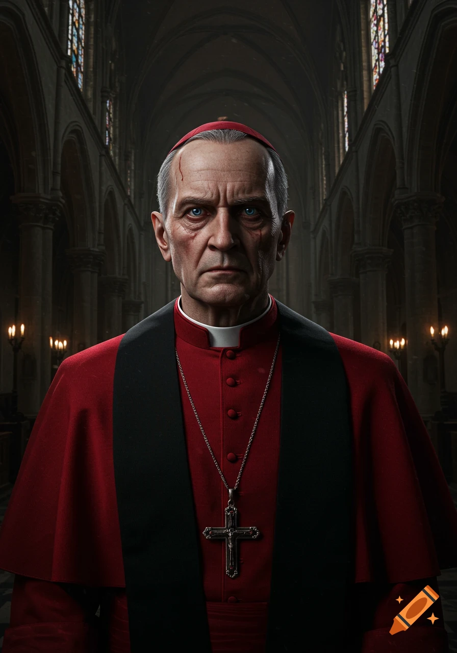 A photorealistic portrait of an older, intimidating man with blue eyes and facial scars, dressed as a Catholic cardinal, standing in a dim cathedral.