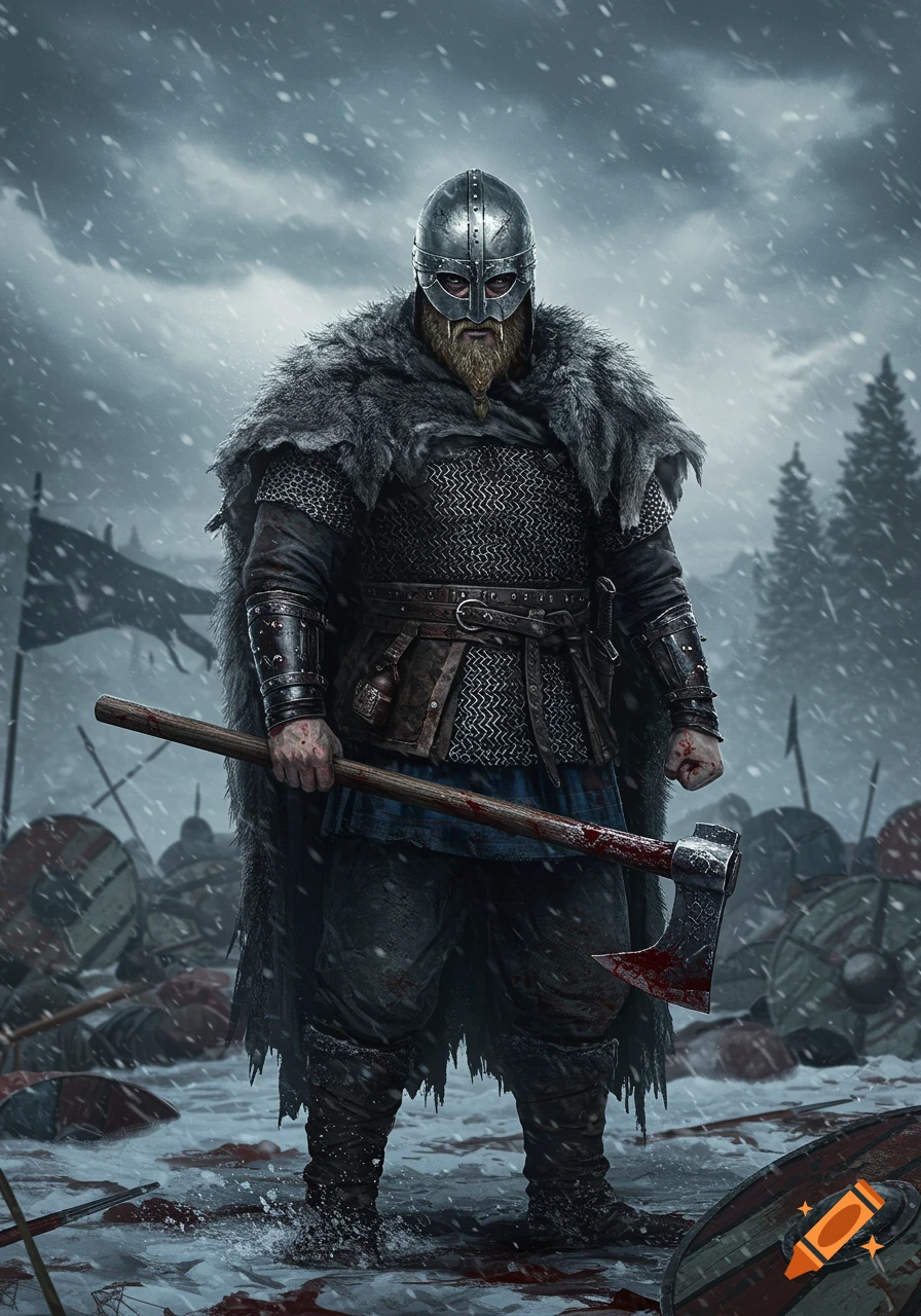 A heavily armored Viking berserker with a bloodied axe stands in a snowy battlefield among fallen warriors, in a realistic, dark, and gritty style.