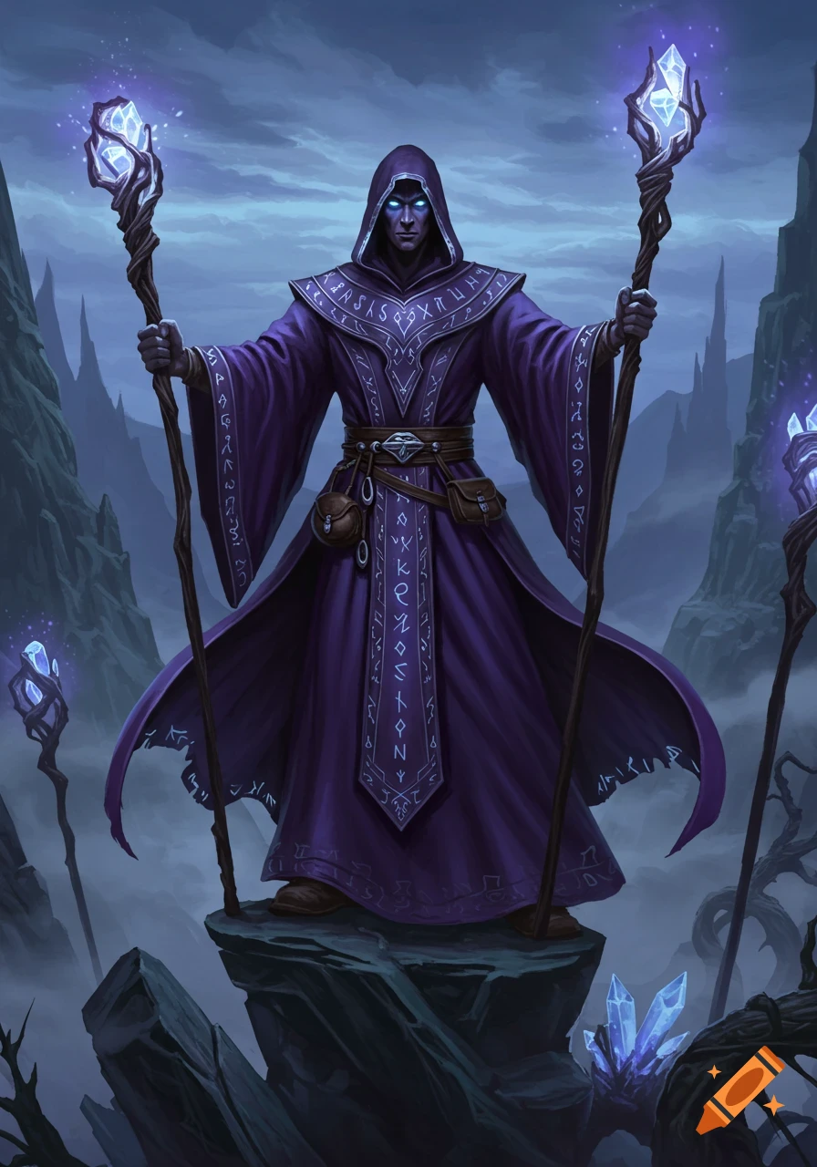 A dark wizard in a purple hooded robe stands on a rocky peak, holding two glowing crystal staves in a D&D style.