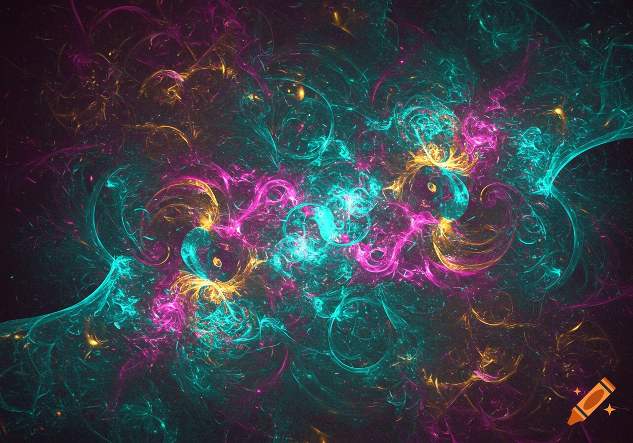 Vibrant abstract pattern with swirling teal, magenta, and gold glowing light streams against a dark background.