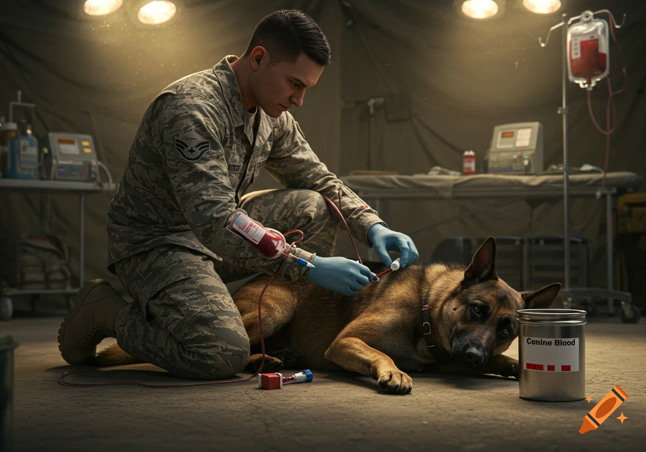 Photorealistic image of a military medic giving a blood transfusion to a German Shepherd dog in a field hospital.
