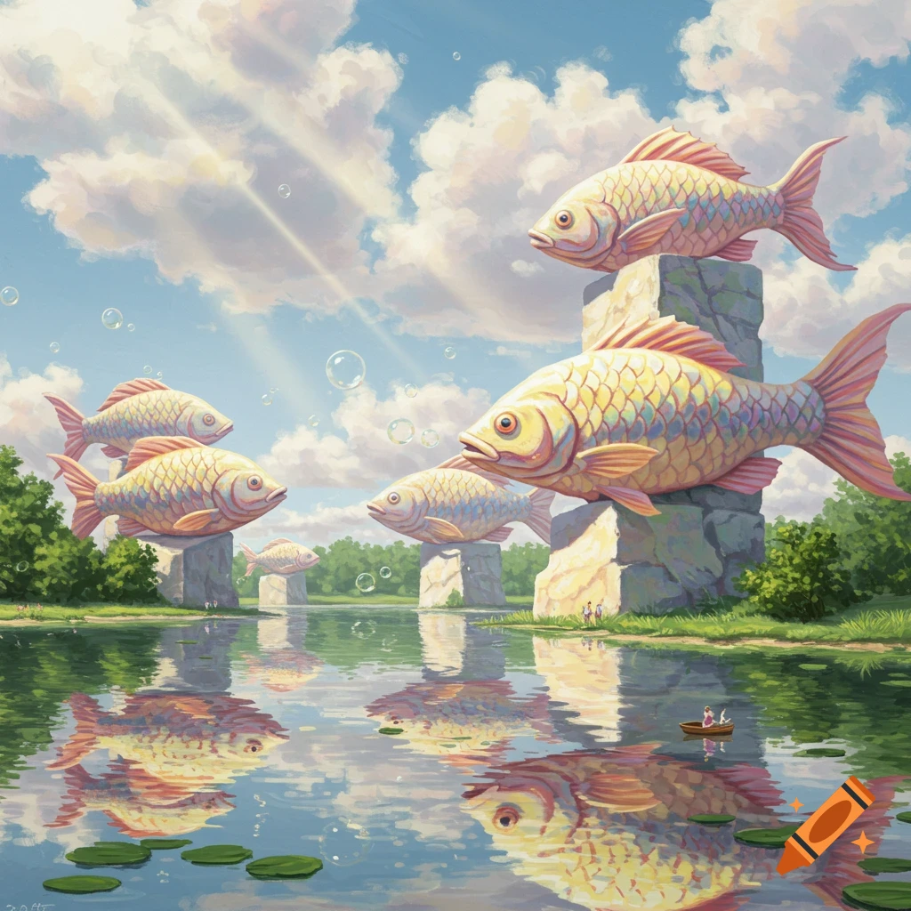 A surreal landscape featuring giant fish sculptures atop stone blocks by a reflective lake under a bright sky with bubbles. Tiny people are visible near the sculptures and in a small boat.