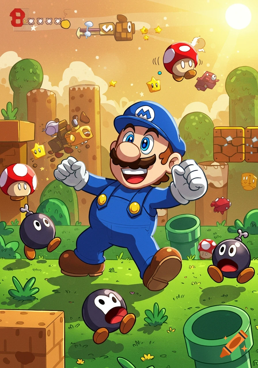 A cartoon blue-overalled character resembling Mario with an M on his hat, joyfully running through a Super Mario-like landscape with Bob-ombs, Chain Chomps, and Goombas.