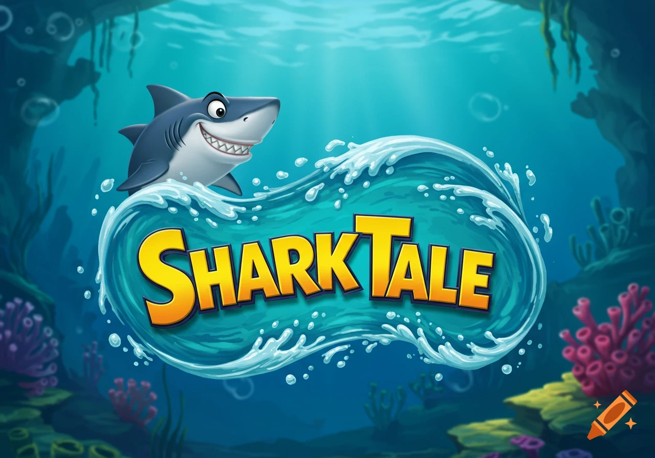 A smiling cartoon shark with large teeth emerging from a blue wave with 'SHARK TALE' text, set in a vibrant underwater scene with coral and plants.