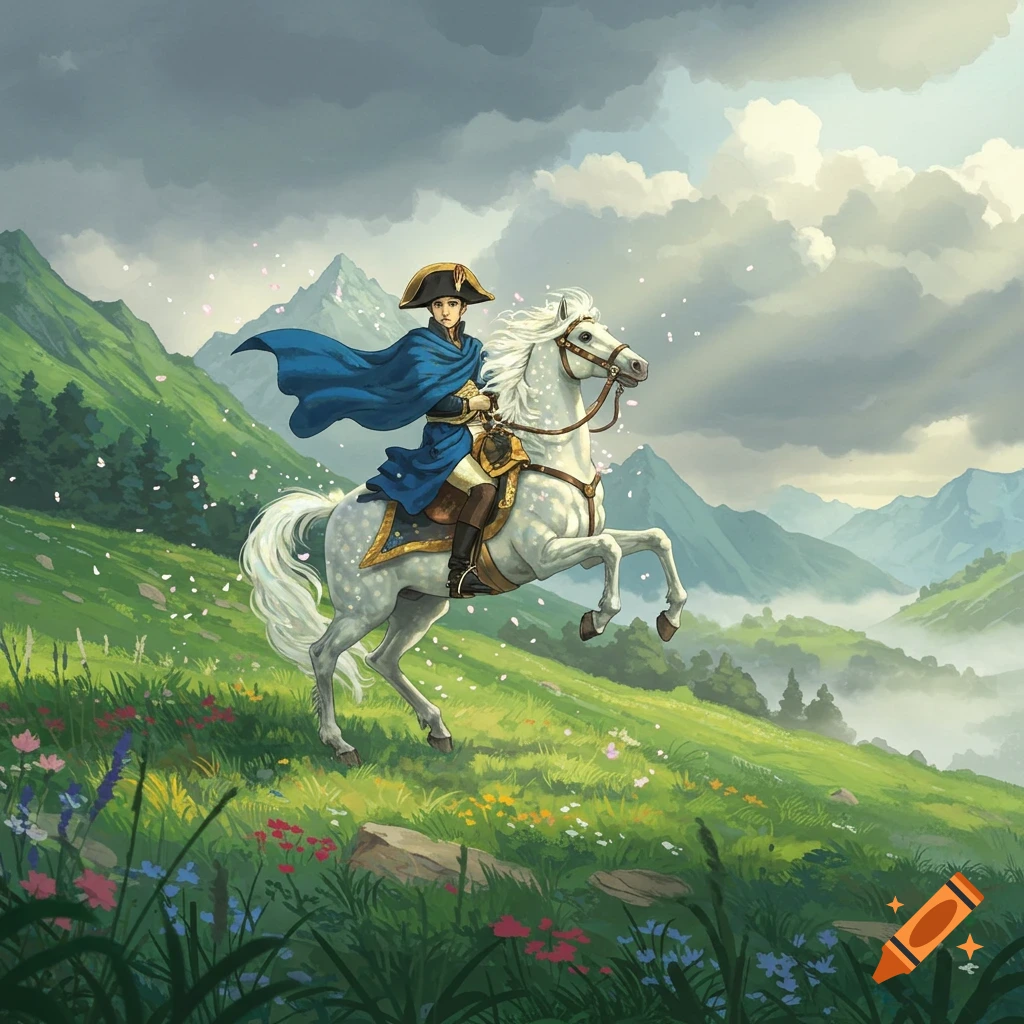 A Studio Ghibli style illustration of a person resembling Napoleon on a white horse, ascending a green, flower-filled mountain path.