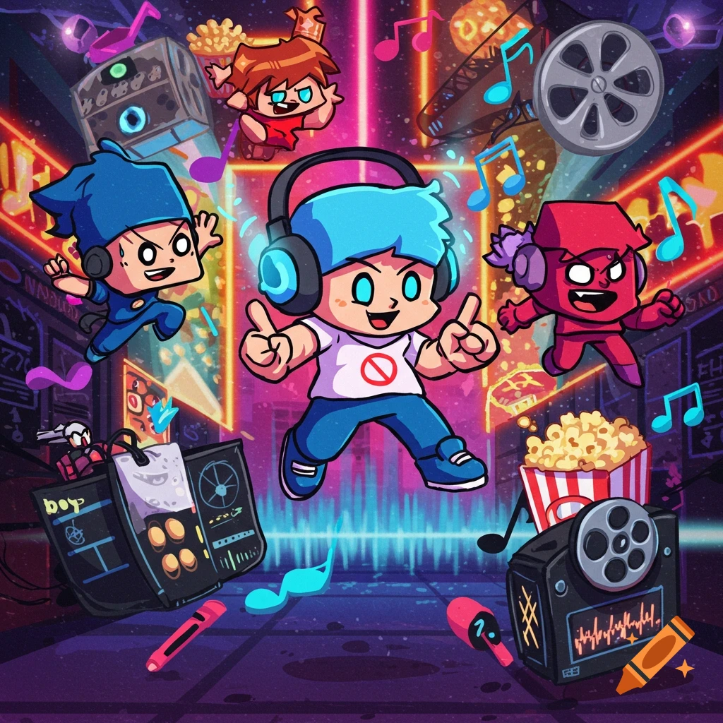 Cartoon characters from FNF, including Boyfriend, in a vibrant, neon-lit music and movie themed scene with musical notes, speakers, and popcorn.
