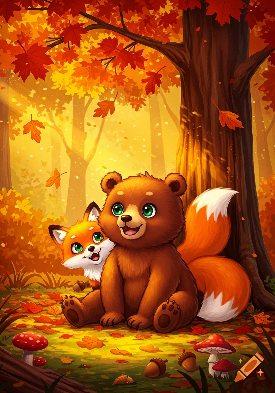 A cute cartoon bear and fox sit in a colorful autumn forest with fallen leaves and mushrooms.