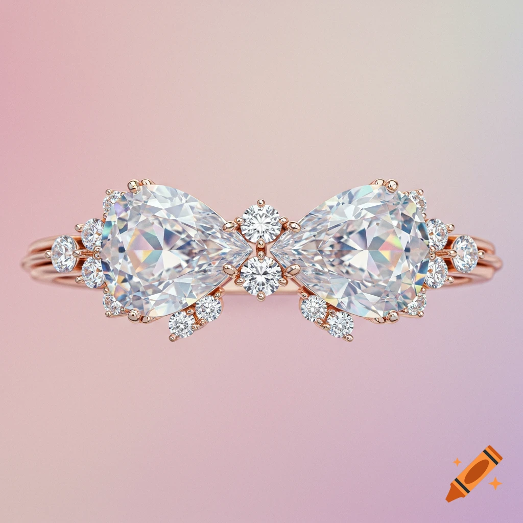 A photorealistic rose gold ring with two large pear-shaped diamonds forming a bow, surrounded by smaller diamonds, on a soft pastel background.