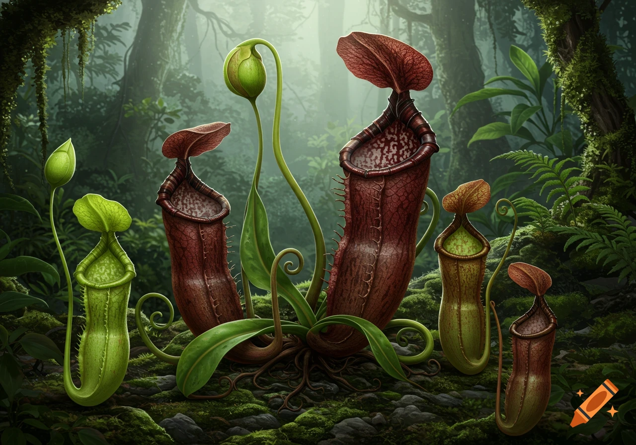 Several pitcher plants, varying in size and color, grow amidst dense moss and foliage in a vibrant jungle environment.