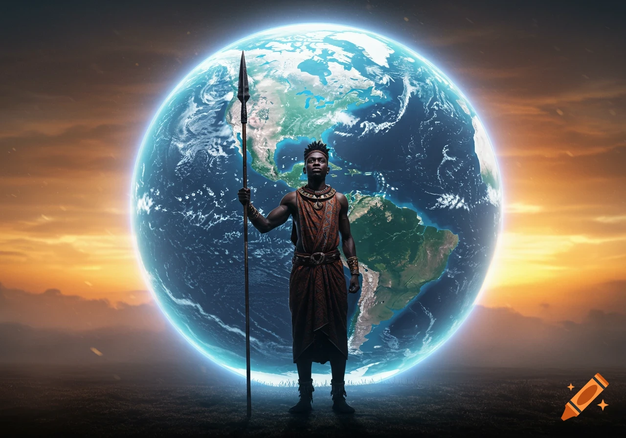 A proud African warrior holds a spear, standing before a glowing Earth at sunset, showing North America. Photorealistic.