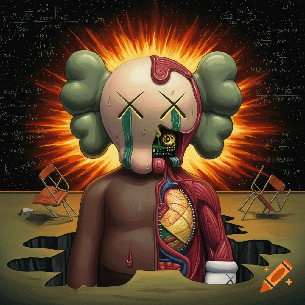 A melting KAWS companion figure with exposed internal organs and circuit board brain, against a background of mathematical equations and exploding light, with chairs in a void. Pop art style.