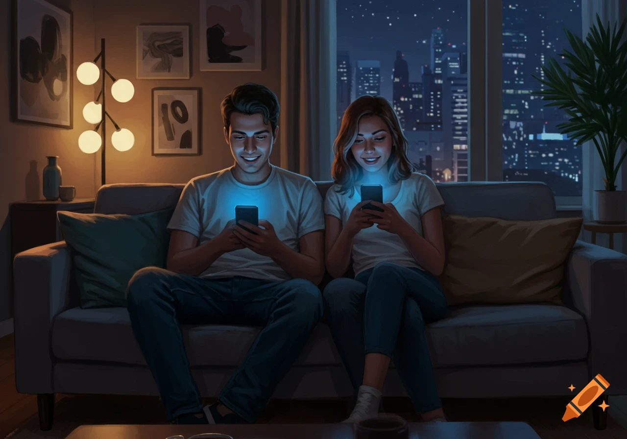 A man and woman on a couch in a dark living room, smiling at their glowing smartphones. City lights visible outside.