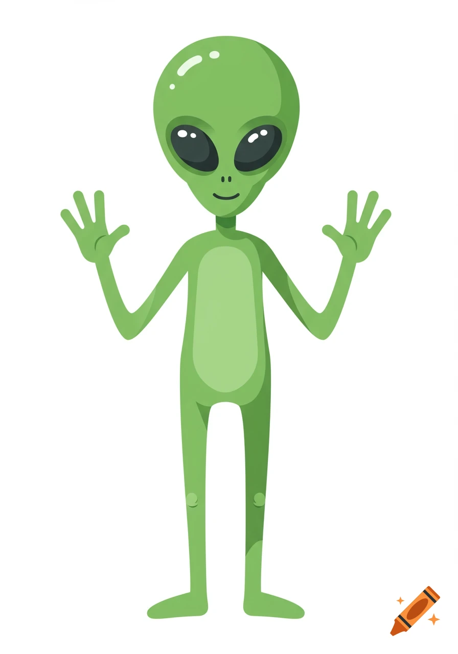A cartoon illustration of a friendly green alien with large dark eyes, a small smile, and hands raised in a greeting.