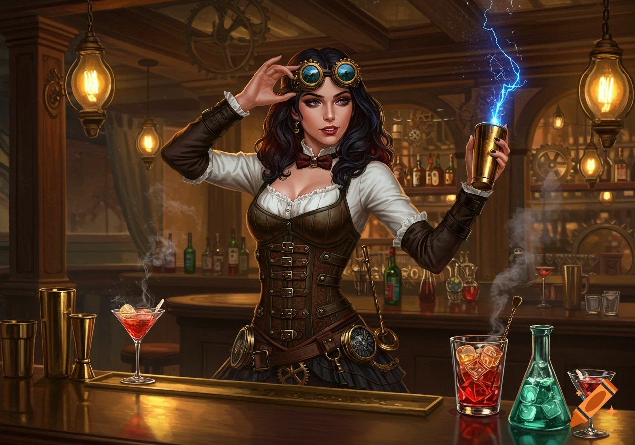 A steampunk female bartender with goggles and a corset holds a shaker emitting blue lightning in a dimly lit bar.