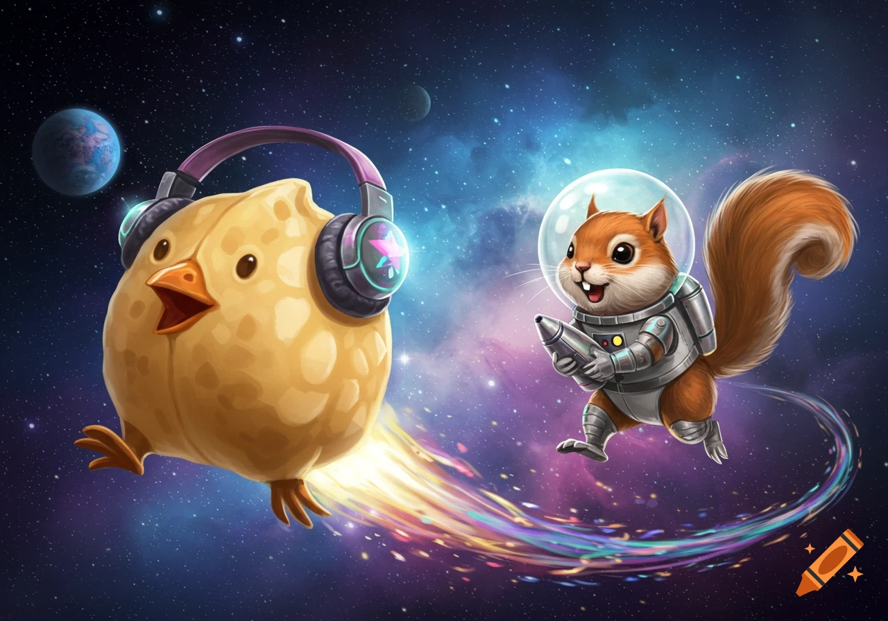 A cartoon chick with headphones and a squirrel in a space suit travel through starry space with colorful trails.
