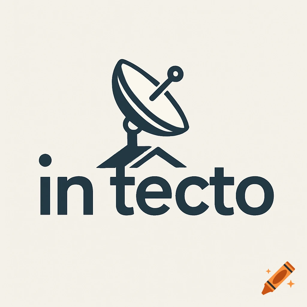 A minimalist dark logo featuring a satellite dish atop a roof-like structure, with the text "in tecto" written below it on a light background.