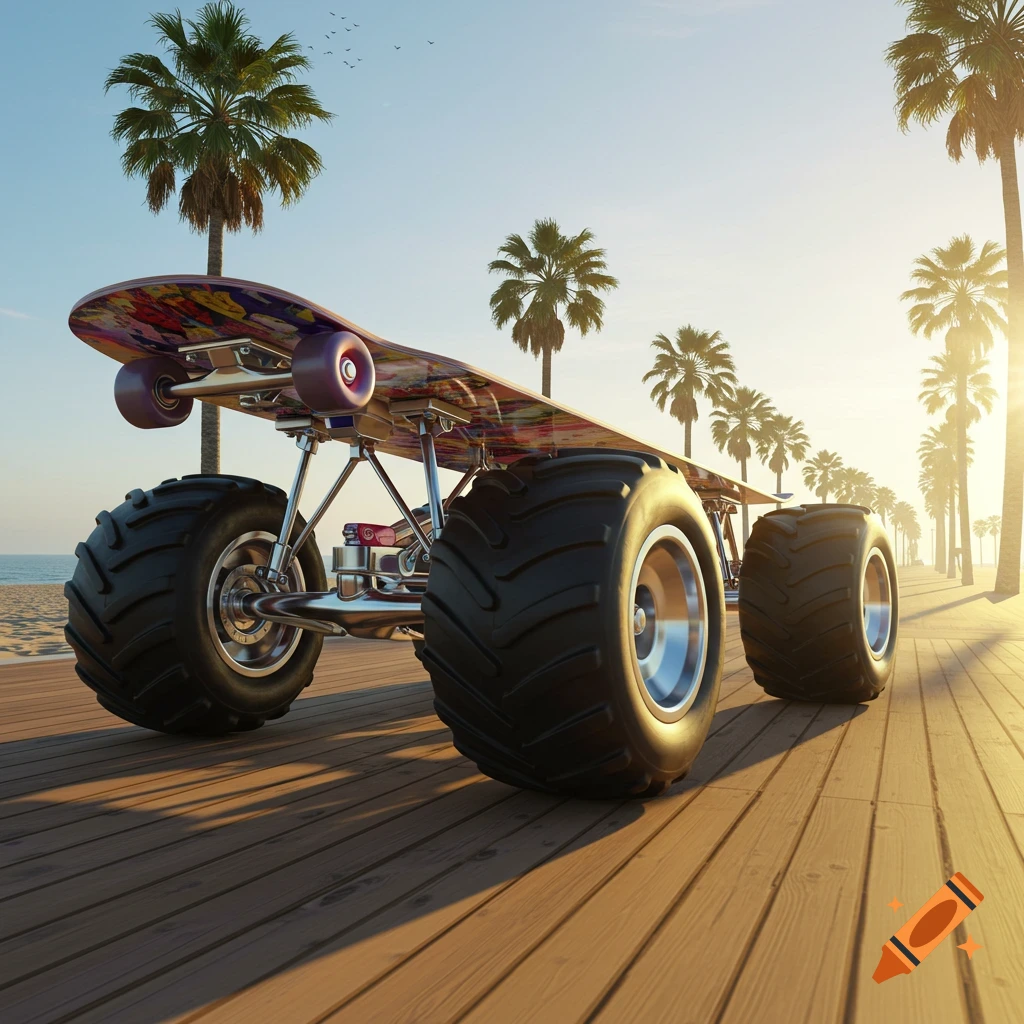 A custom skateboard with large monster truck wheels on a wooden boardwalk, with palm trees and an ocean beach at sunset.