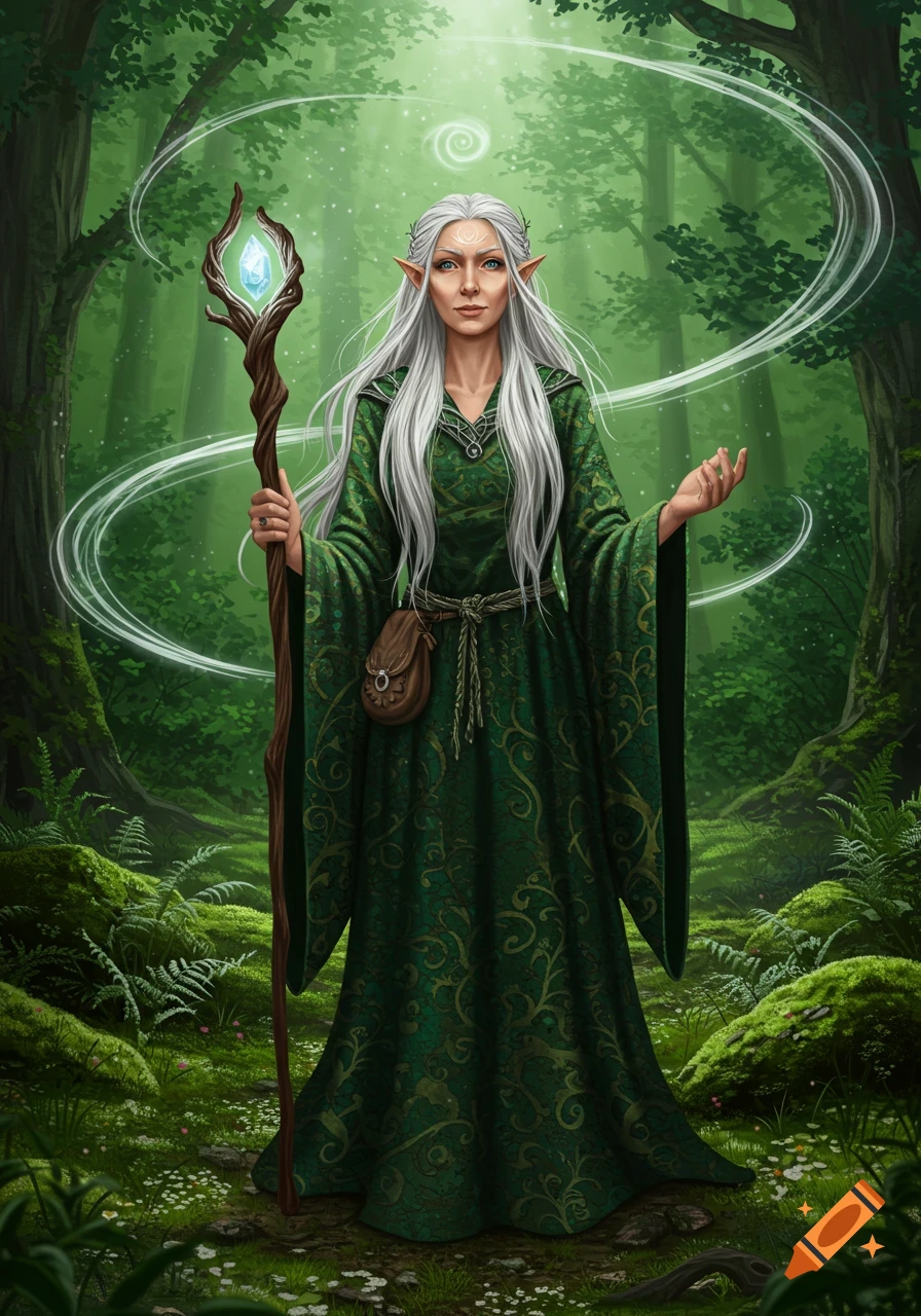 A white-haired elf druid in a green dress holds a glowing crystal staff in an enchanted forest, digital fantasy art.