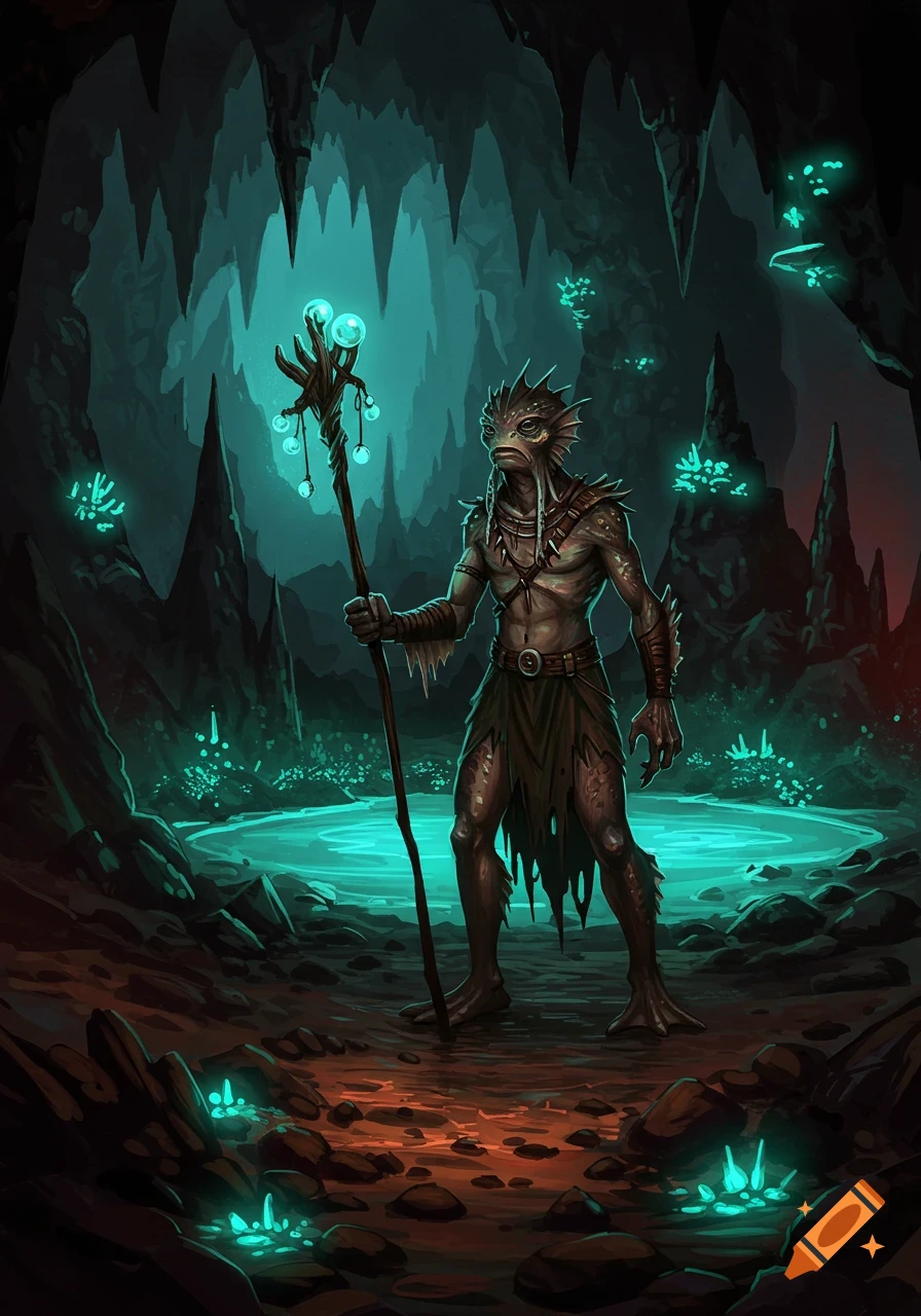 A fish-like humanoid priest stands in a dark underground cavern with glowing blue water and crystals, holding a glowing staff.