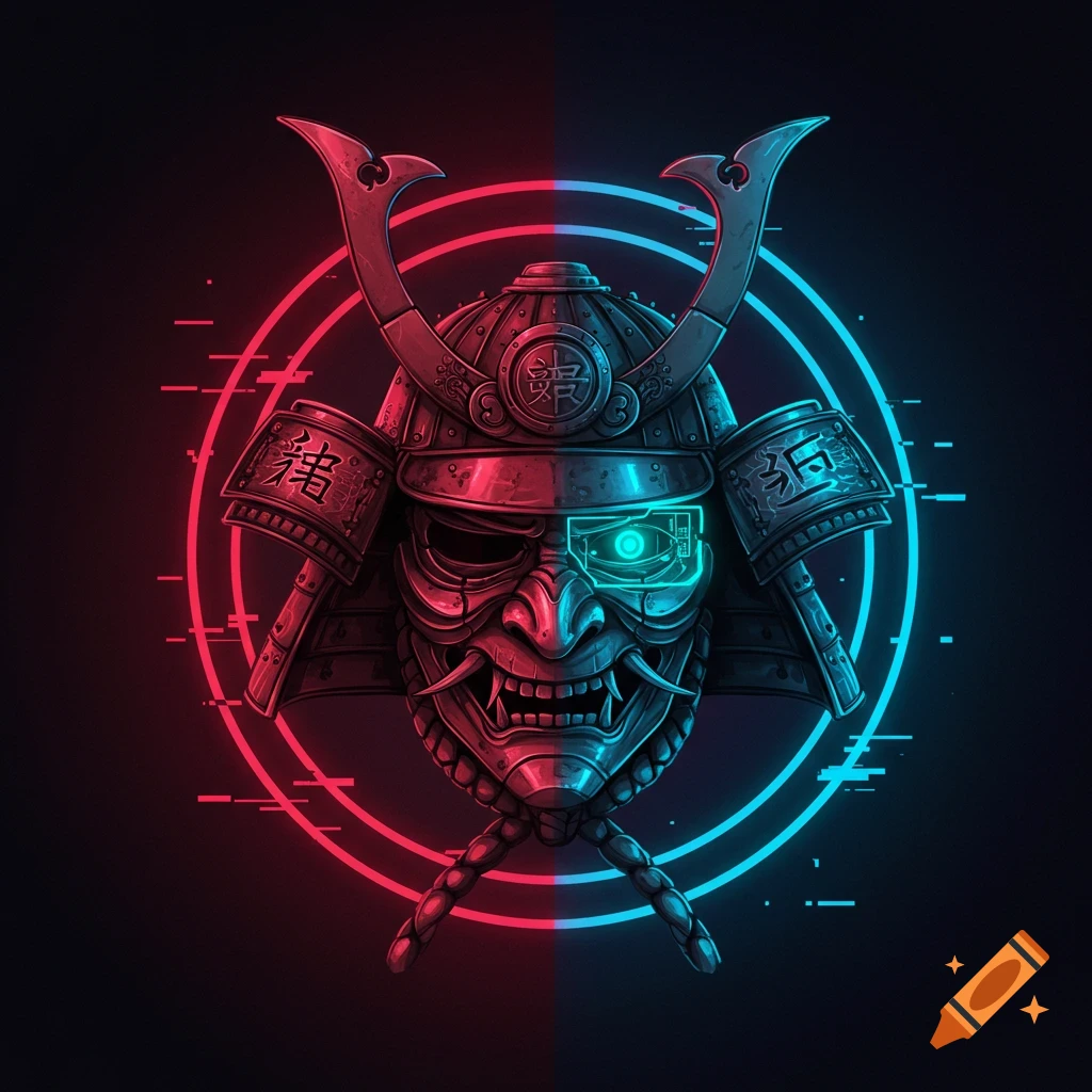 A detailed illustration of a samurai helmet split down the middle, one half traditional with red glow, the other cyberpunk with blue neon glow.