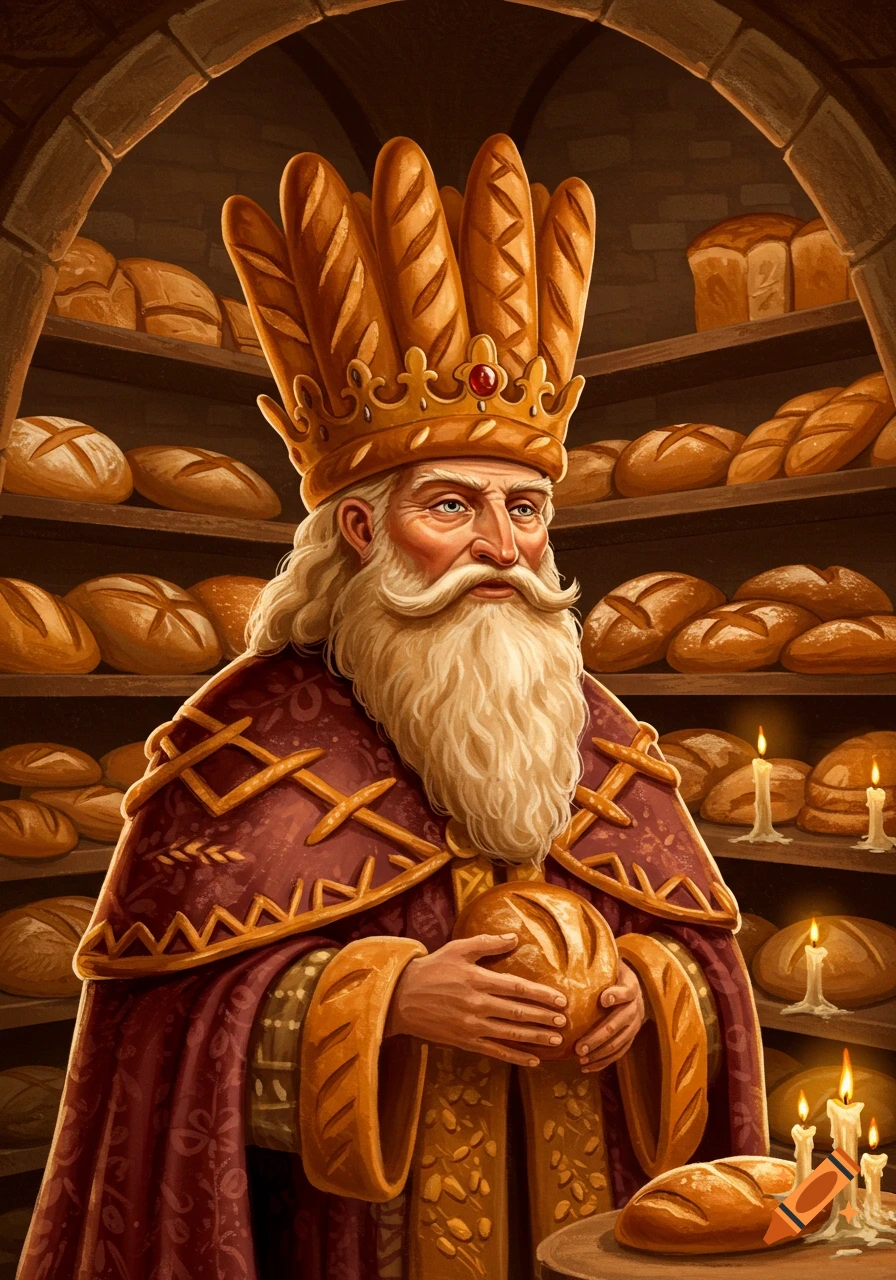 A bearded king wearing a bread crown holds a loaf, standing in a bread-filled bakery with shelves of bread and candles.