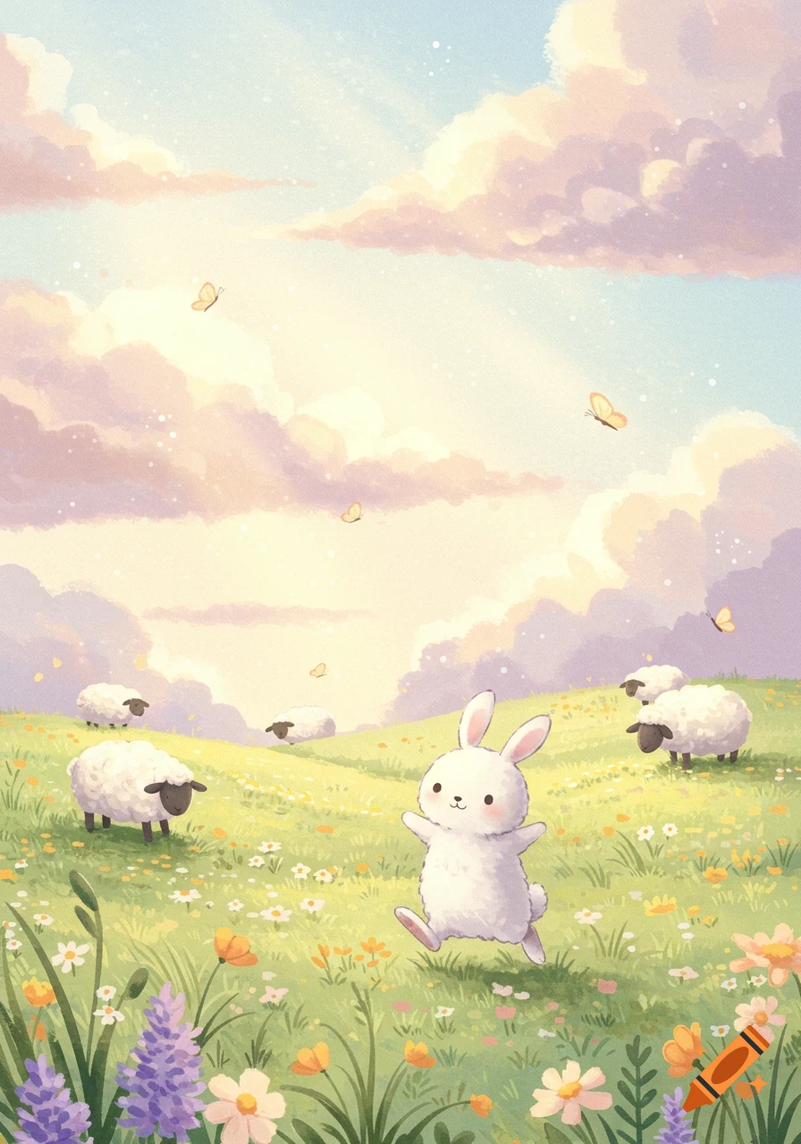A whimsical children's book illustration of a white rabbit hopping through a pastel green meadow with sheep and butterflies.