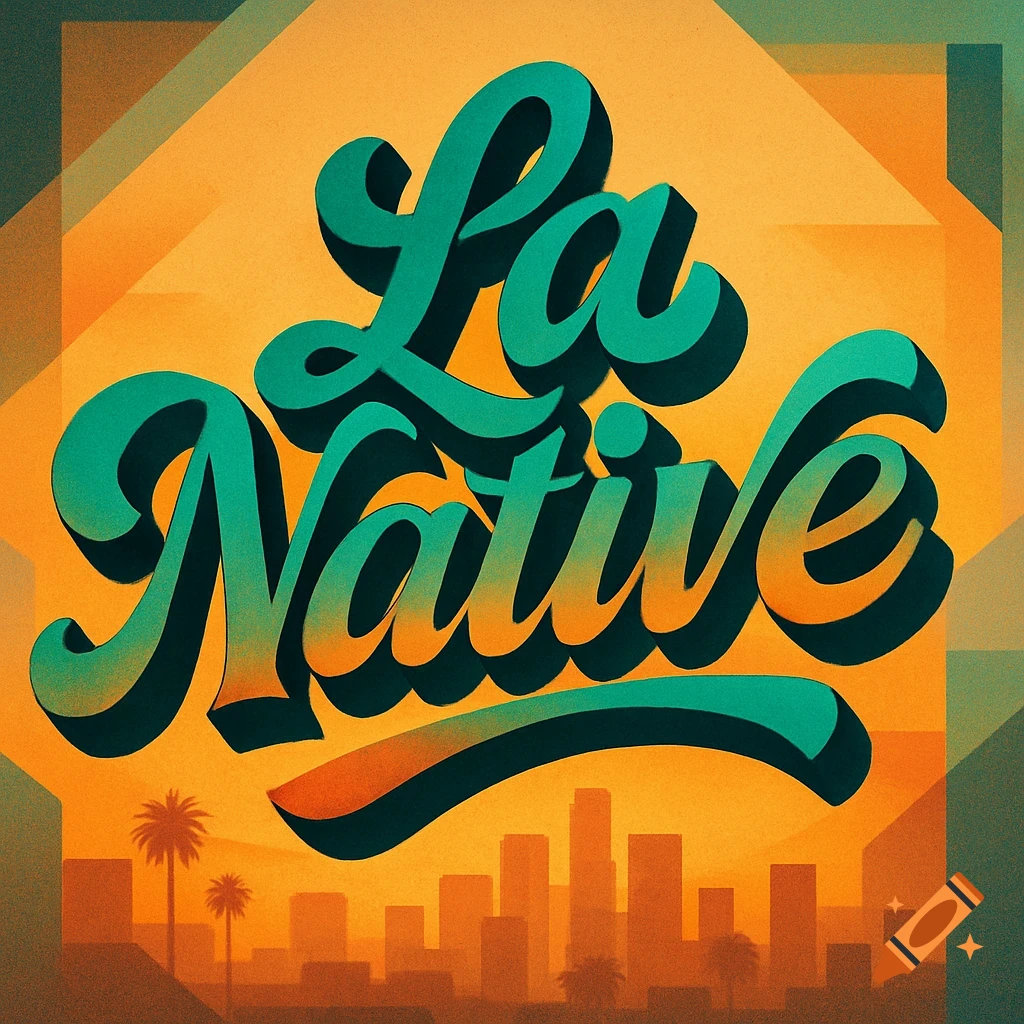 Stylized typography reading 'La Native' in green and orange, set against a background of a silhouetted cityscape and palm trees.