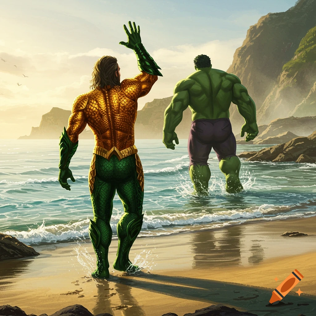 Aquaman, in gold and green armor, waves goodbye to a green Hulk walking into the ocean on a sandy beach with mountains.