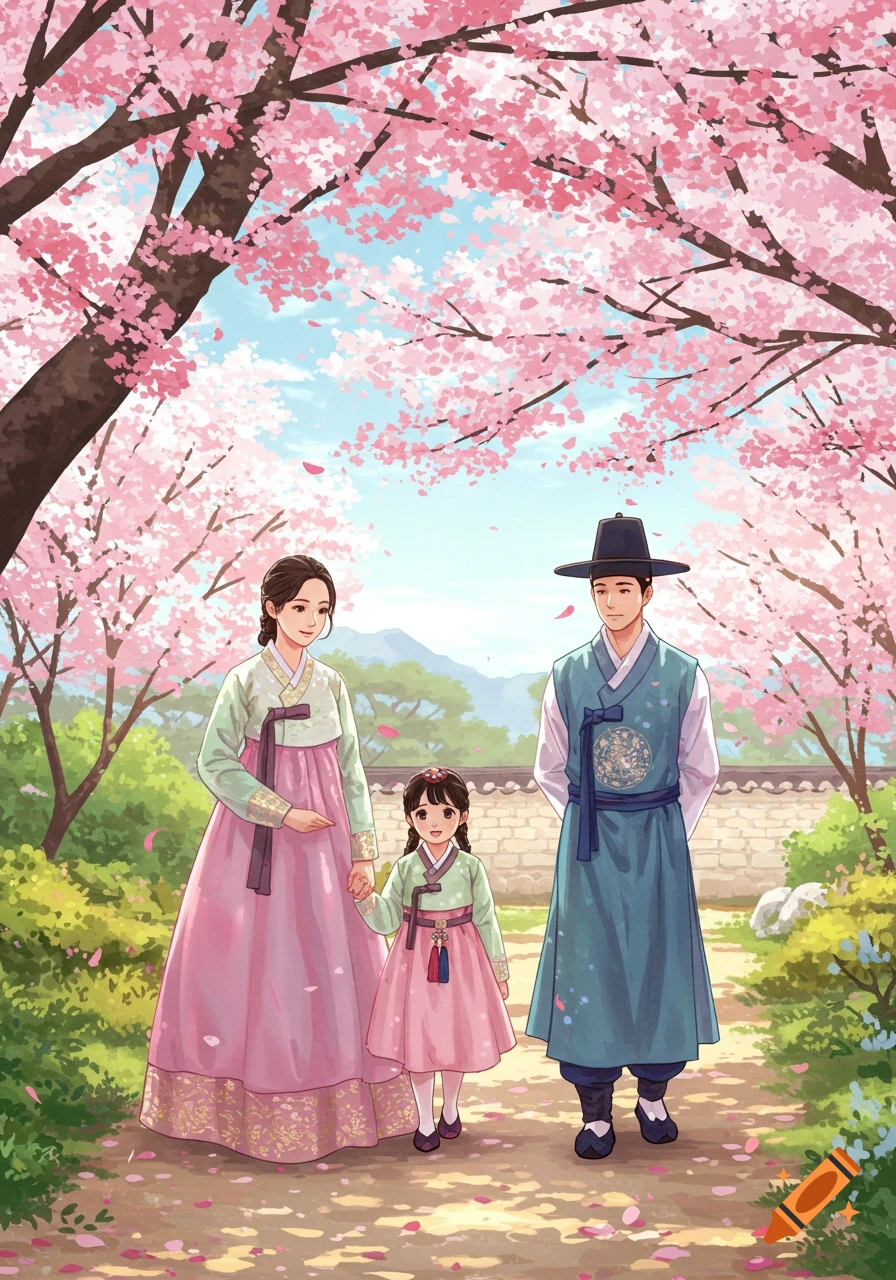 An illustration of a Korean family wearing traditional hanbok, standing under blooming cherry blossom trees.