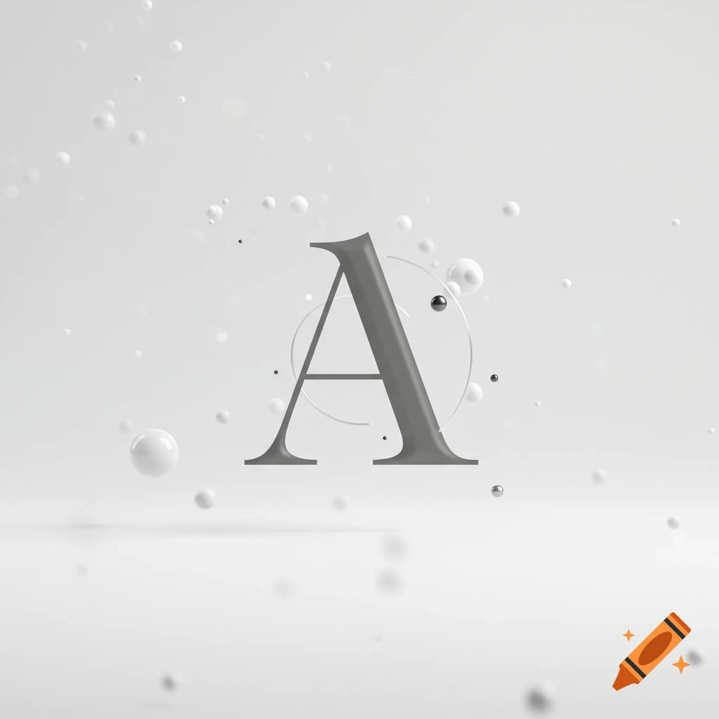 A stylized letter A in grey with white and metallic spheres floating on a white background.
