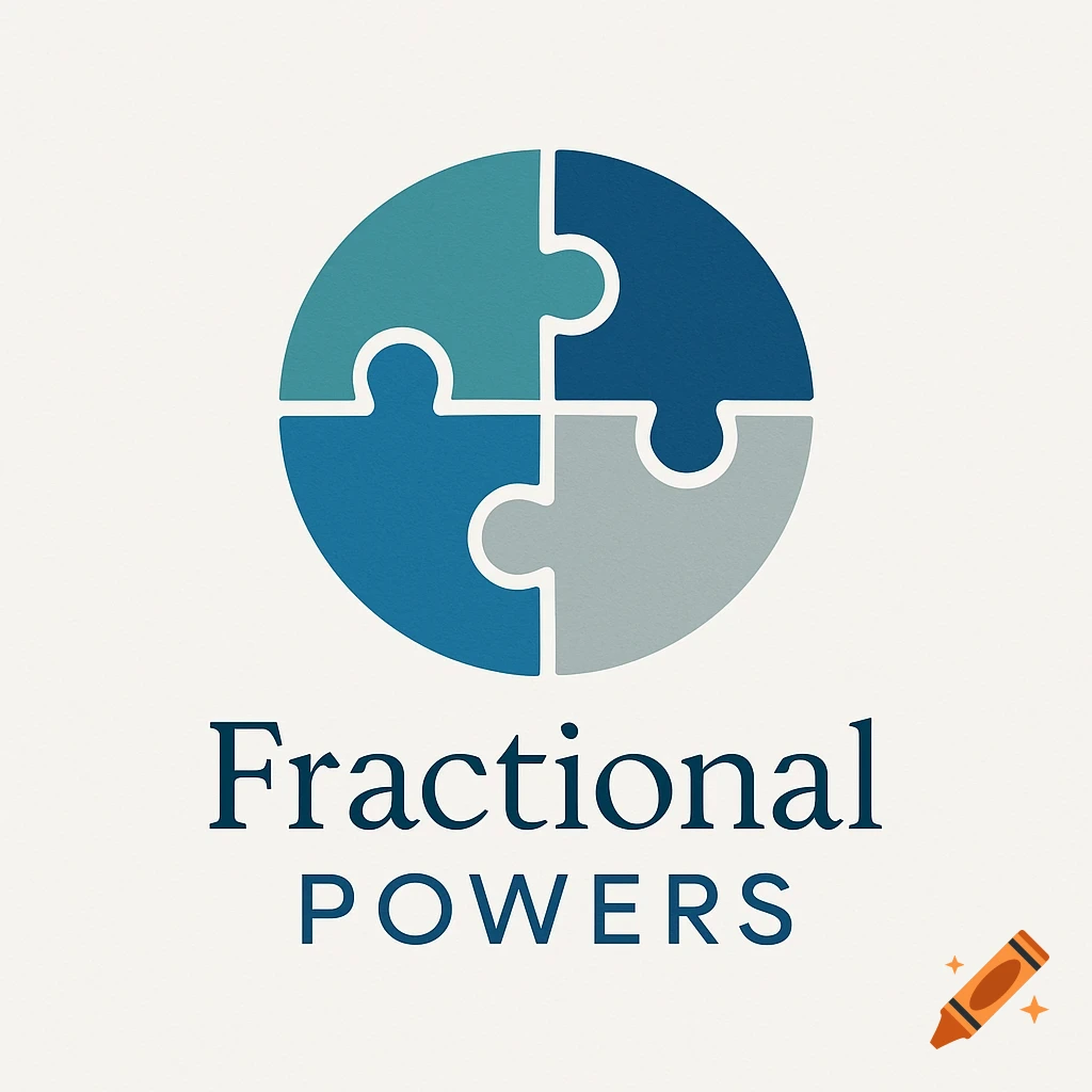 A logo featuring four interlocking puzzle pieces forming a circle in teal, blue, and gray, with the text "Fractional POWERS" below.