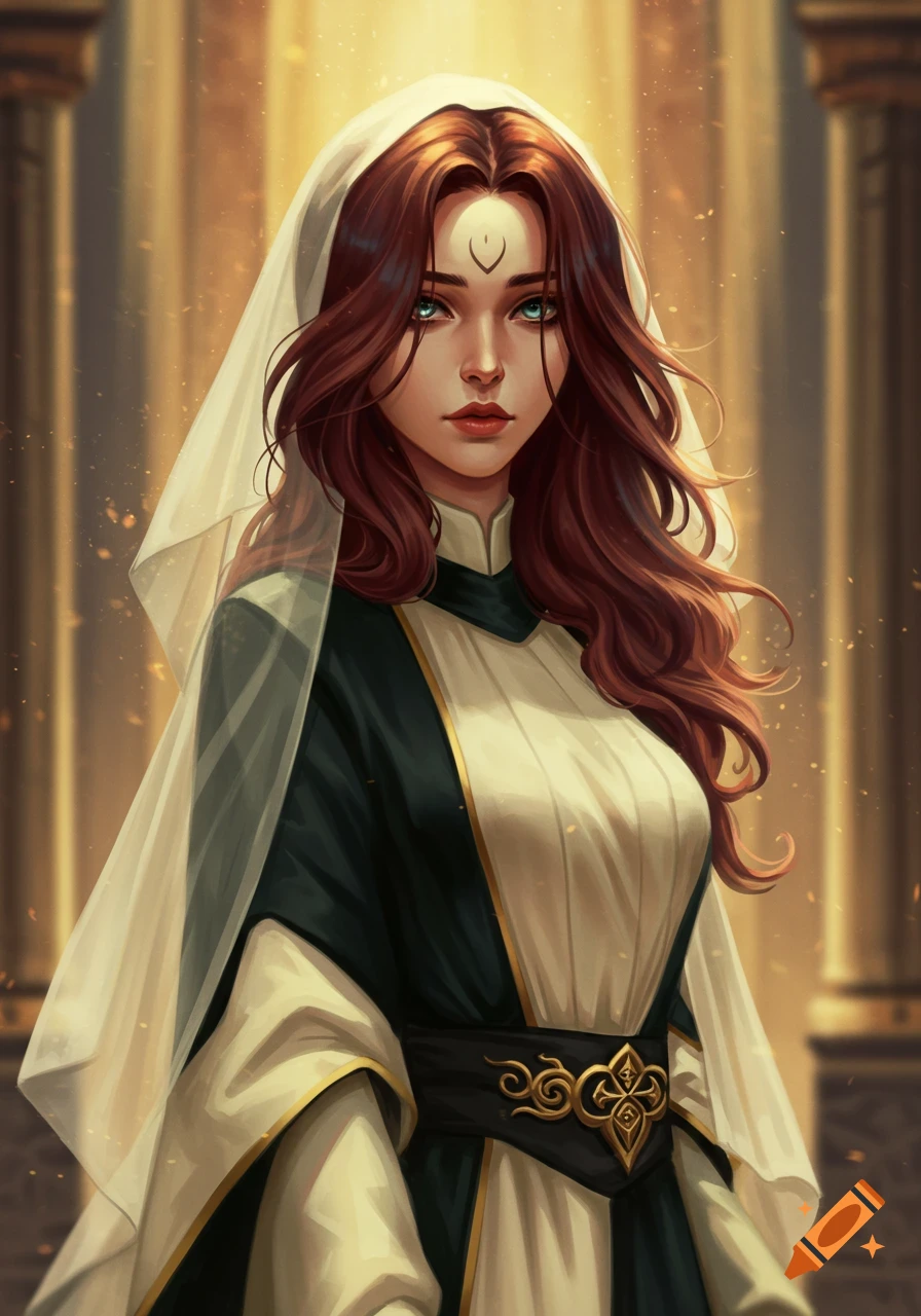 Digital painting of a woman with red hair, green eyes, white veil, and dark green & ivory priestess robes with a golden belt, standing in a golden-lit hall.