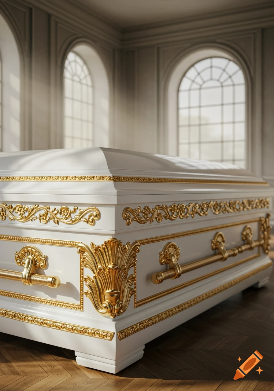A luxurious white coffin with intricate gold French vintage designs and handles, set in a grand, sunlit room with large arched windows and a wooden floor.