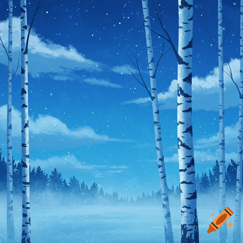 Birch trees in a snowy, misty landscape under a deep blue sky with falling snow, digital illustration.