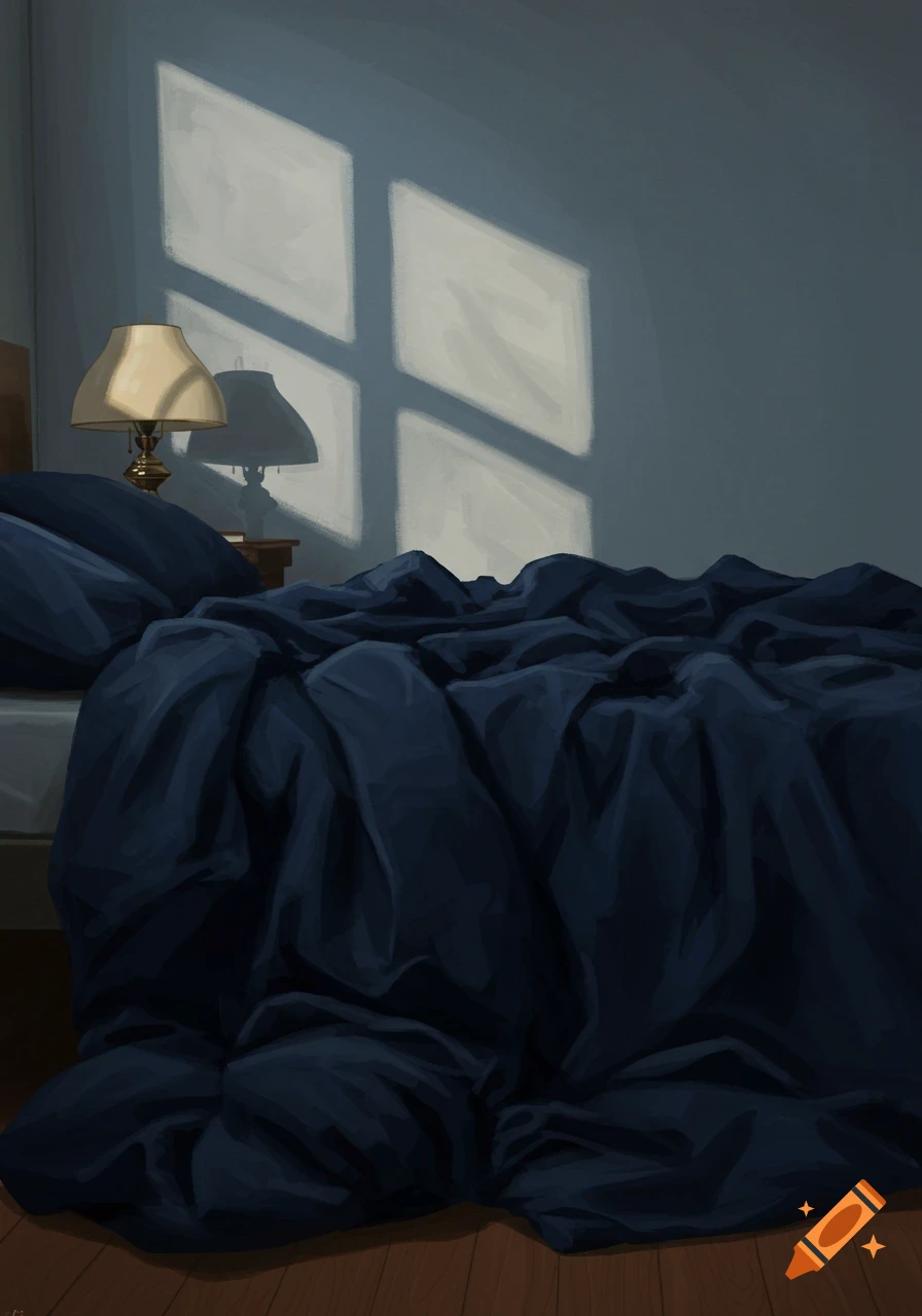 A stylized painting of an empty bedroom with dark blue sheets and light casting window shadows on the wall.