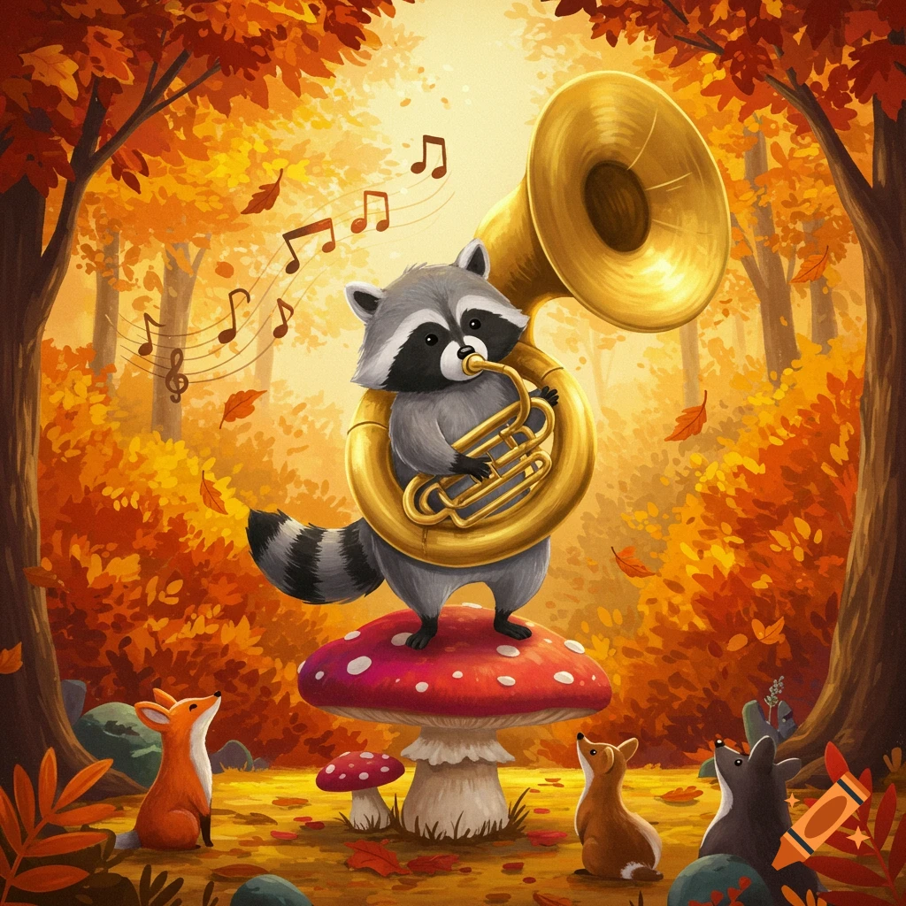 A cartoon raccoon plays a golden sousaphone on a red mushroom in an autumn forest, with small animals watching.